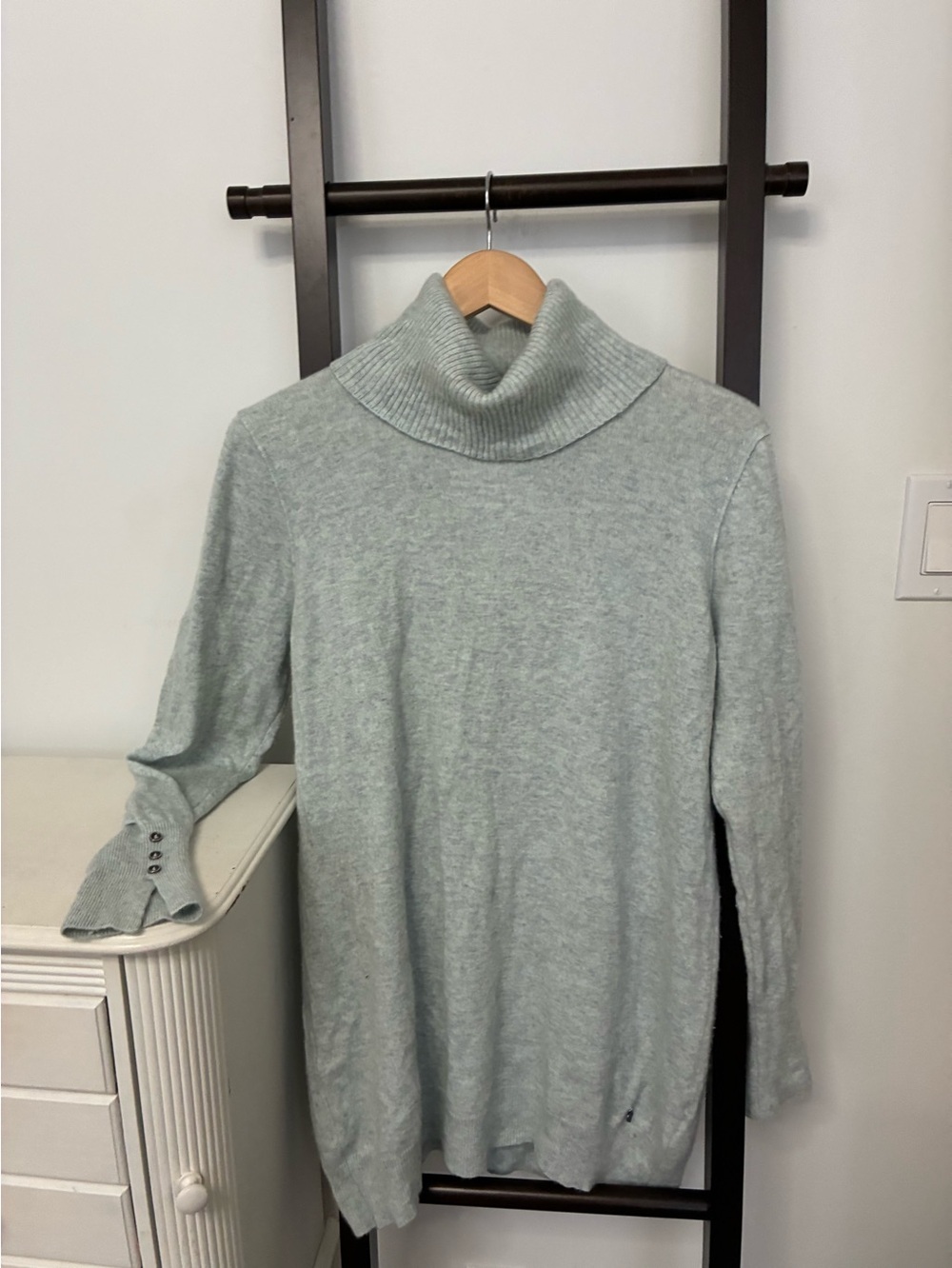Long wool/cashmere Soft Turtleneck Sweater in Light bluish colour Euro 44 (Sz L)
